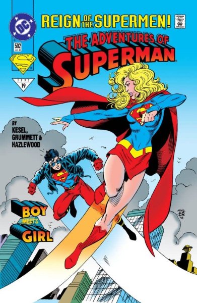 Superboy meets Supergirl on the cover of Adventures of Superman #502 by Tom Grummett, Doug Hazlewood and Glenn Whitmore